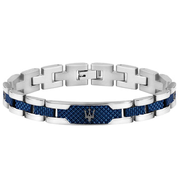 Ανδρικό βραχιόλι Maserati JM419ASC02 από ανοξείδωτο ατσάλι, με ασημί-μπλε μπρασελέ και μαύρη τρίαινα.